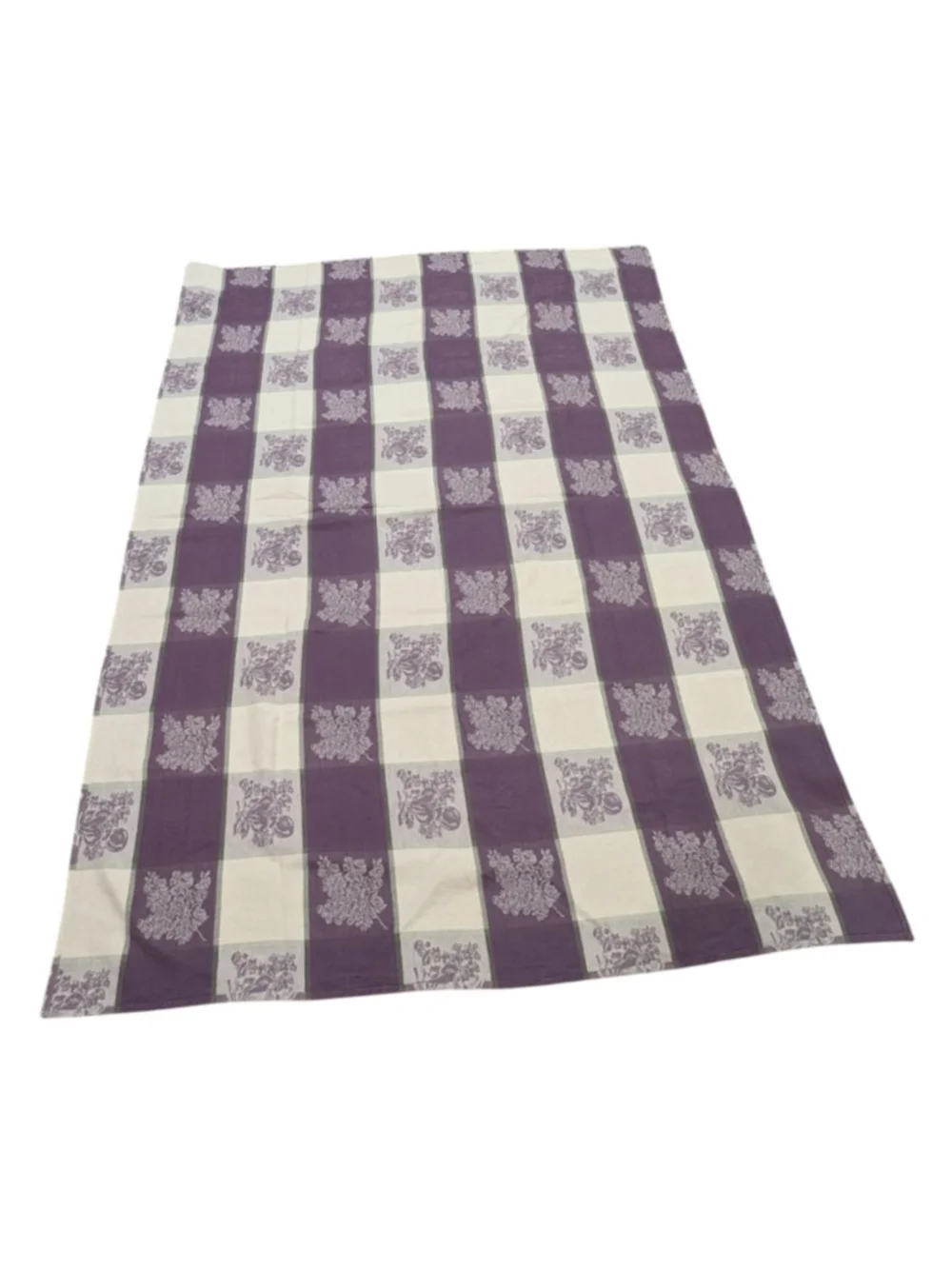 VTG 80s Purple Checkered Damask Fruit Woven Cotton Rectangular Tablecloth 78x56